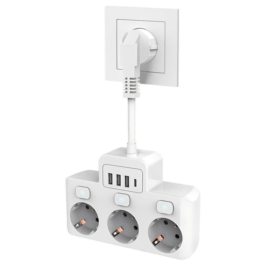 Priza Multifunctionala, 3 x Prize 3680w, 2 x USB-A, 1 x PD USB-C, Intrerupator Individual, Ignifuga, Protectie Copii, Protectie Supratensiune