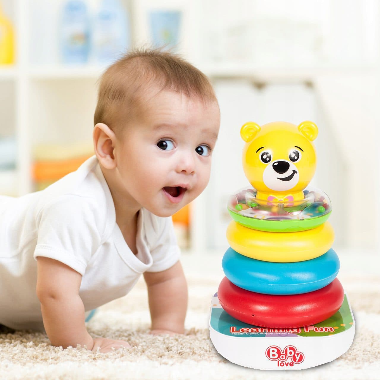 Jucarie Interactiva Bebelusi, Piramida cu 4 Inele de Stivuit, Model Ursulet, Stimuleaza Gandirea, Logica, 6 Luni+