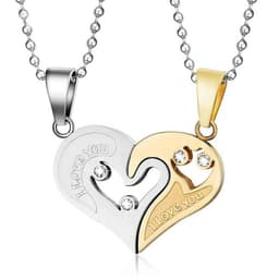 Set Lantisoare pentru Cupluri, Pandative Inima, Inscriptionate I Love You, Inox, Galben/Argintiu - 1