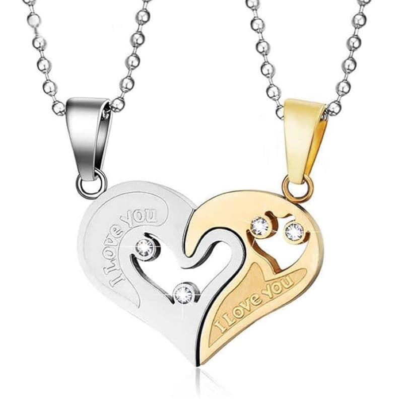 Set Lantisoare pentru Cupluri, Pandative Inima, Inscriptionate I Love You, Inox, Galben/Argintiu