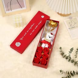 Aranjament Floral Miraza, Trandafir Aurit, Trandafiri de Sapun, Ursulet de Plus, 33.5 x 7 cm, Rosu - 3