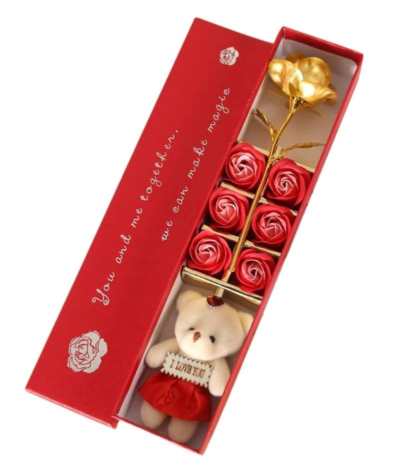 Aranjament Floral Miraza, Trandafir Aurit, Trandafiri de Sapun, Ursulet de Plus, 33.5 x 7 cm, Rosu