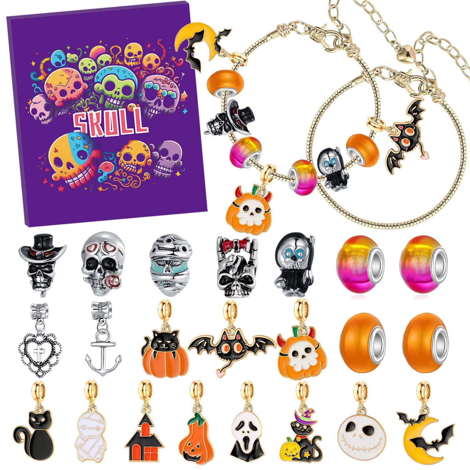 Calendar Advent Halloween cu Bijuterii Miraza, 24 Surprize Bratari + Charmuri/Margele tematice