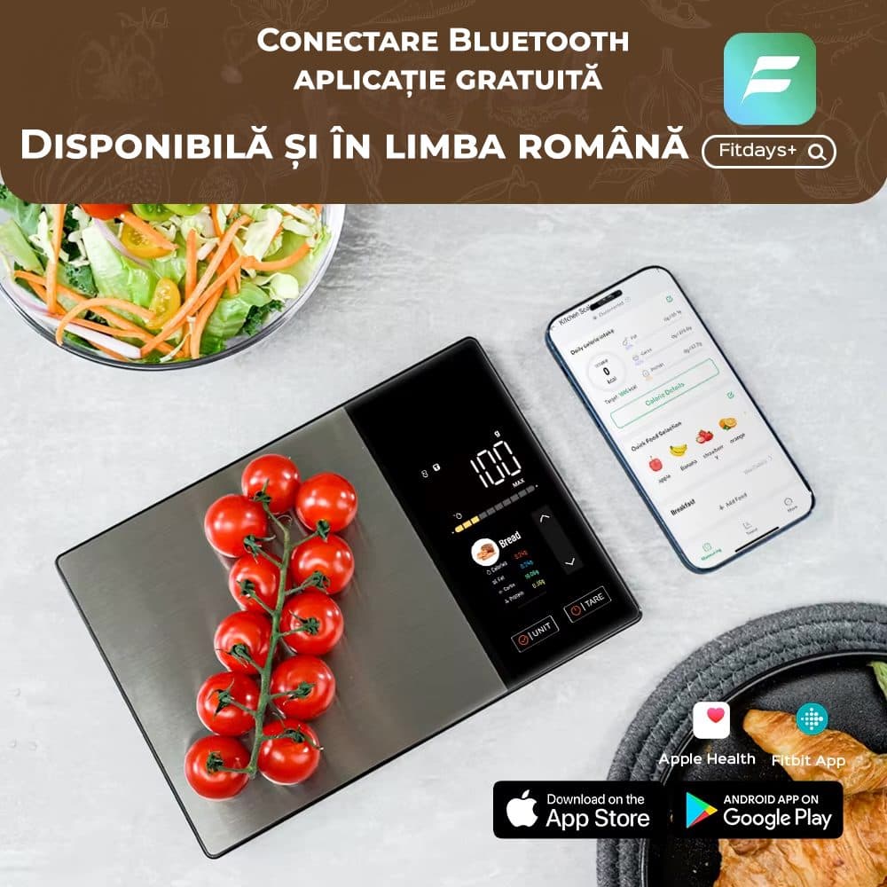 Cantar bucatarie Bluetooth cu calculator nutritional, aplicatie în limba romana, 5 kg, ecran TFT