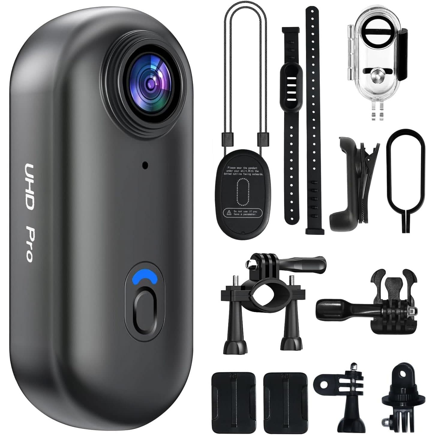 Cameră video corporală UHD 4K WiFi, 10 accesorii, unghi 120, înregistrare în buclă, microSD max 256GB, 800mAh, zgardă POV pet, montare magnetică, carcasă waterproof, kit accesorii: adeziv plat/curb, clemă ghidon, adaptor trepied