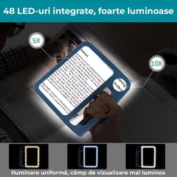 Lupă Mare Dreptunghiulară Miraza, Mărire 5X–10X, Lumină LED Reglabilă, Lentilă Fresnel, Pentru Citit Pagină Întreagă, Albastru - imagine 2