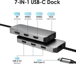 Docking Station USB-C 7 in 1, 1 x DP 4k 60Hz, 1 X HDMI 4k 60Hz, 1 x HDMI 4k 30Hz, 1 x VGA Full HD 60Hz, 3 X USB, Plug & Play Windows si Mac OS - imagine 10