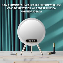 Design modern si portabil al oglinzii de machiaj cu boxe si lumina calda LED