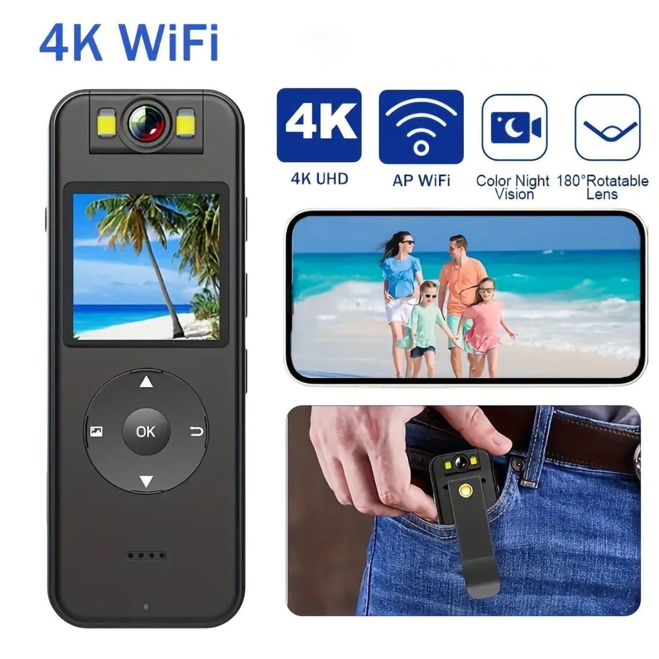 Camera Video Sport UHD, Rezolutie 4K, Senzor CMOS, WiFi, Filmeaza pe Timp de Noapte, Rotire Obiectiv 180°, Lanterna, Suport Prindere Bicicleta, Magnet