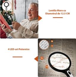 Lupa mare rotunda cu 4 LED-uri, marire 5X - 15X, 4 baterii AAA, diametru 14.6 cm - imagine 10