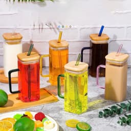 Set 6 Pahare cu Capac si Pai, 450 ml, Sticla Borosilicat Termorezistenta - 4