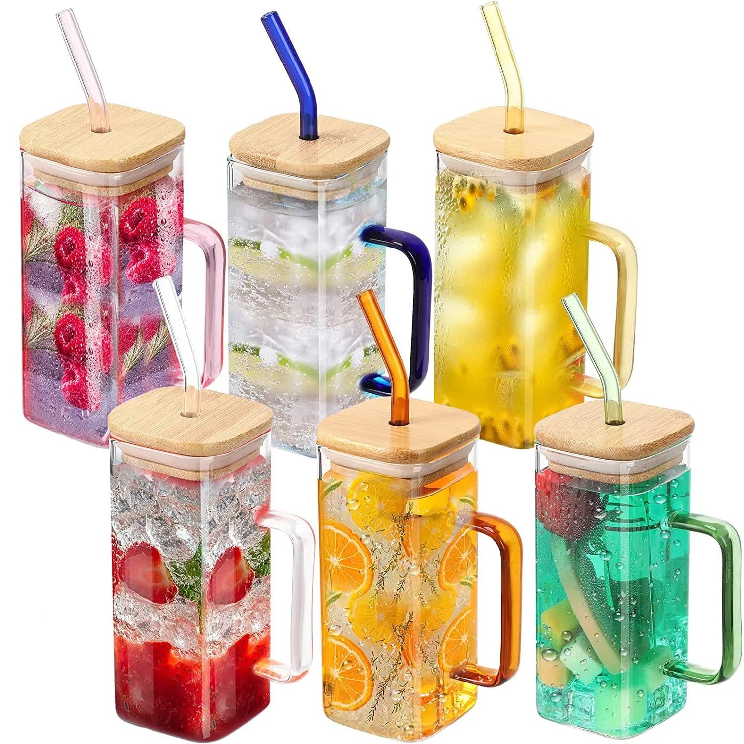 Set 6 Pahare cu Capac si Pai, 450 ml, Sticla Borosilicat Termorezistenta