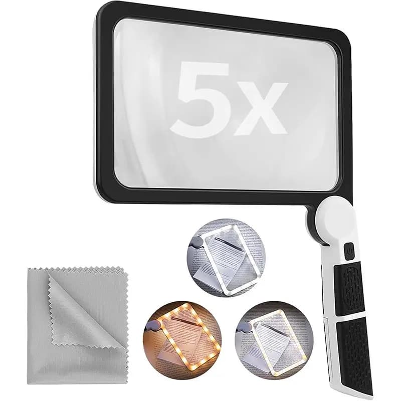 Lupa Mare cu 48 de LED-uri, 3 Moduri de Iluminare, Marire 5X, Lentila Fresnel, 3 Baterii AAA, Laveta Inclusa, 13.5 x 21 cm