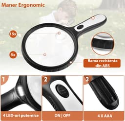 Lupa mare rotunda cu 4 LED-uri, marire 5X - 15X, 4 baterii AAA, diametru 14.6 cm - imagine 3