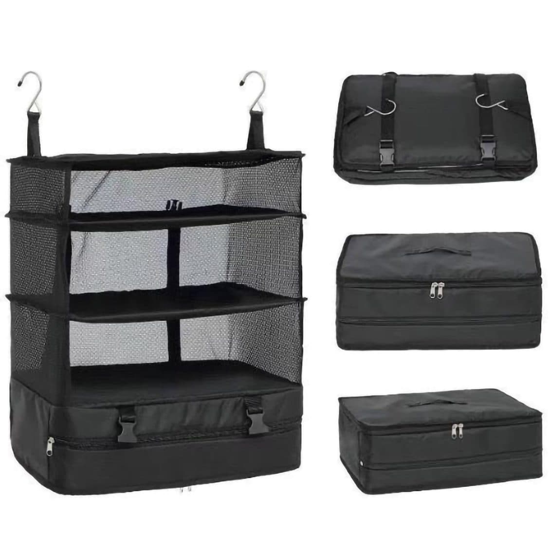 Organizator Pliabil de Bagaje, 3 Nivele, Compartiment pentru Pantofi, Raft de Depozitare, Impermeabil, Portabil, Dimensiune 40 x 26 x 54 cm, Negru