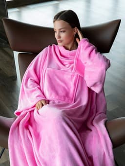 Patura cu Maneci si Buzunar Super Catifelata, Calduroasa, Lunga, Fleece, 200 x 155 cm, Roz - 3