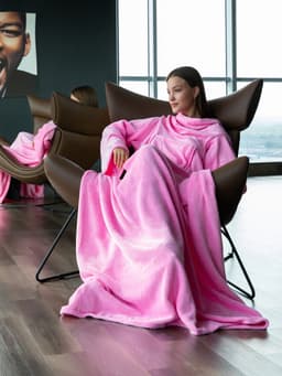 Patura cu Maneci si Buzunar Super Catifelata, Calduroasa, Lunga, Fleece, 200 x 155 cm, Roz - 2