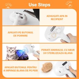 Perie cu Abur pentru Animale de Companie, 4 in 1, Masaj, Indeparteaza Parul, Curatare, Incarcare USB-C, Sterilizare cu UV - 3