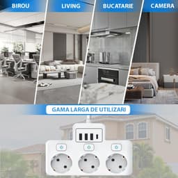 Priza Multifunctionala, 3 x Prize 3680w, 2 x USB-A, 1 x PD USB-C, Intrerupator Individual, Ignifuga, Protectie Copii, Protectie Supratensiune - 3