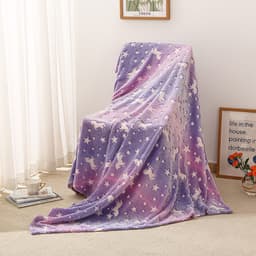 Patura Fosforescenta cu Unicorni, Glow in The Dark, Fleece Moale, Calduroasa, 180x190 cm, Mov - 2