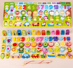 Joc Logaritmic din Lemn Montessori, 7 în 1, Animale, Fructe, Pescuit Magnetic, Familie, Cifre, Vehicule, Meserii - 2