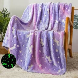 Patura Fosforescenta cu Unicorni, Glow in The Dark, Fleece Moale, Calduroasa, 180x190 cm, Mov - 1