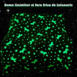 Patura Fosforescenta cu Unicorni, Glow in The Dark, Fleece Moale, Calduroasa, 180x190 cm, Mov - 4