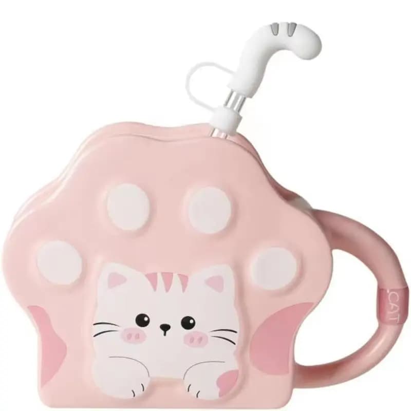 Cana cu Motiv Pisica, Ceramica, Pai Inclus, 450 ml, Roz