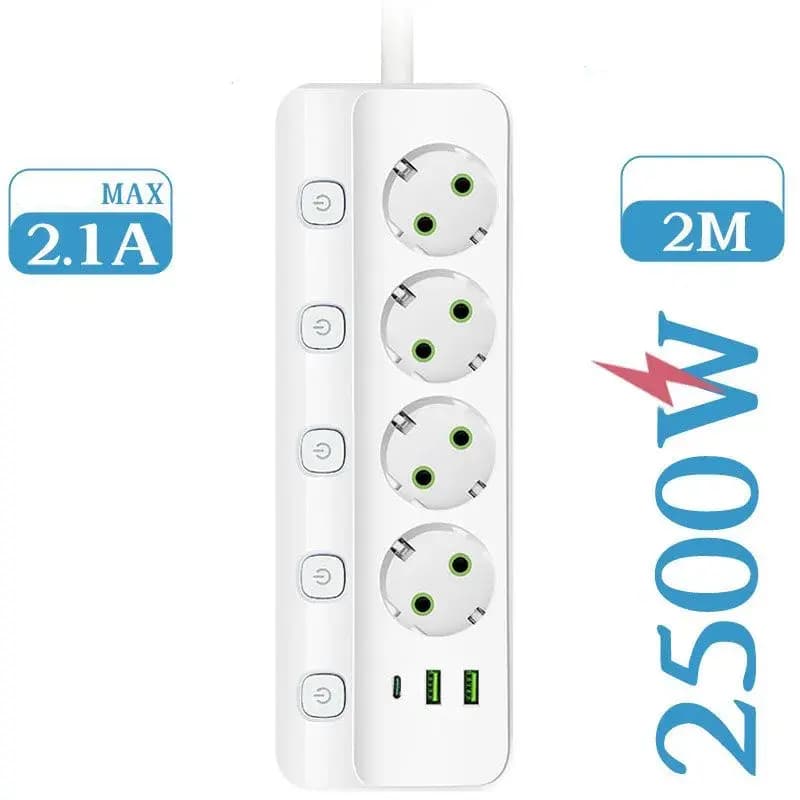 Prelungitor Multifunctional Miraza, Prize cu Putere Maxima 2500w, 2 x USB-A, 1 x PD USB-C, Cablu 2M, Intrerupator Individual, Ignifuga