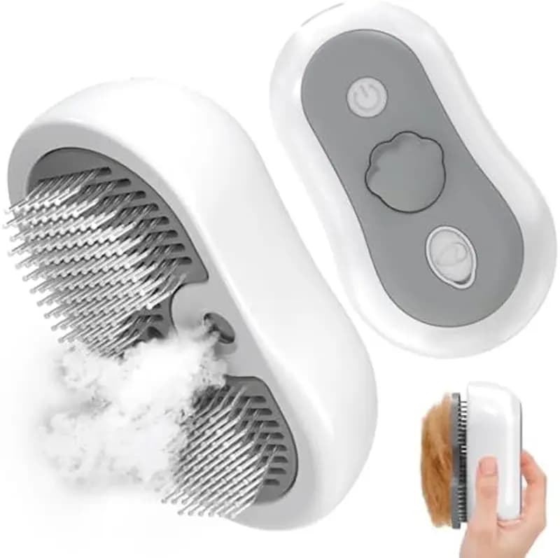 Perie cu Abur 3 in 1 pentru Animale de Companie, Peri Curbati din Otel, Nu Zgarie, Descurca Blana, Maseaza, Auto-Curatare, Incarcare USB-C