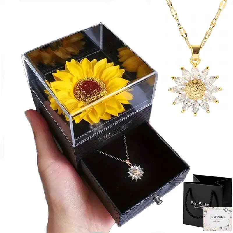 Set Colier si Cutie Floarea Soarelui Parfumata, Lantisor din Otel Inoxidabil, Punga si Felicitare Incluse