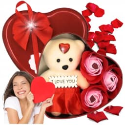 Aranjament Floral cu Trandafiri de Săpun și Ursuleț de Plus, Cutie Metalică Inimă, 15 x 11.5 cm, Roșu - 1