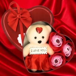 Aranjament Floral cu Trandafiri de Săpun și Ursuleț de Plus, Cutie Metalică Inimă, 15 x 11.5 cm, Roșu - 3