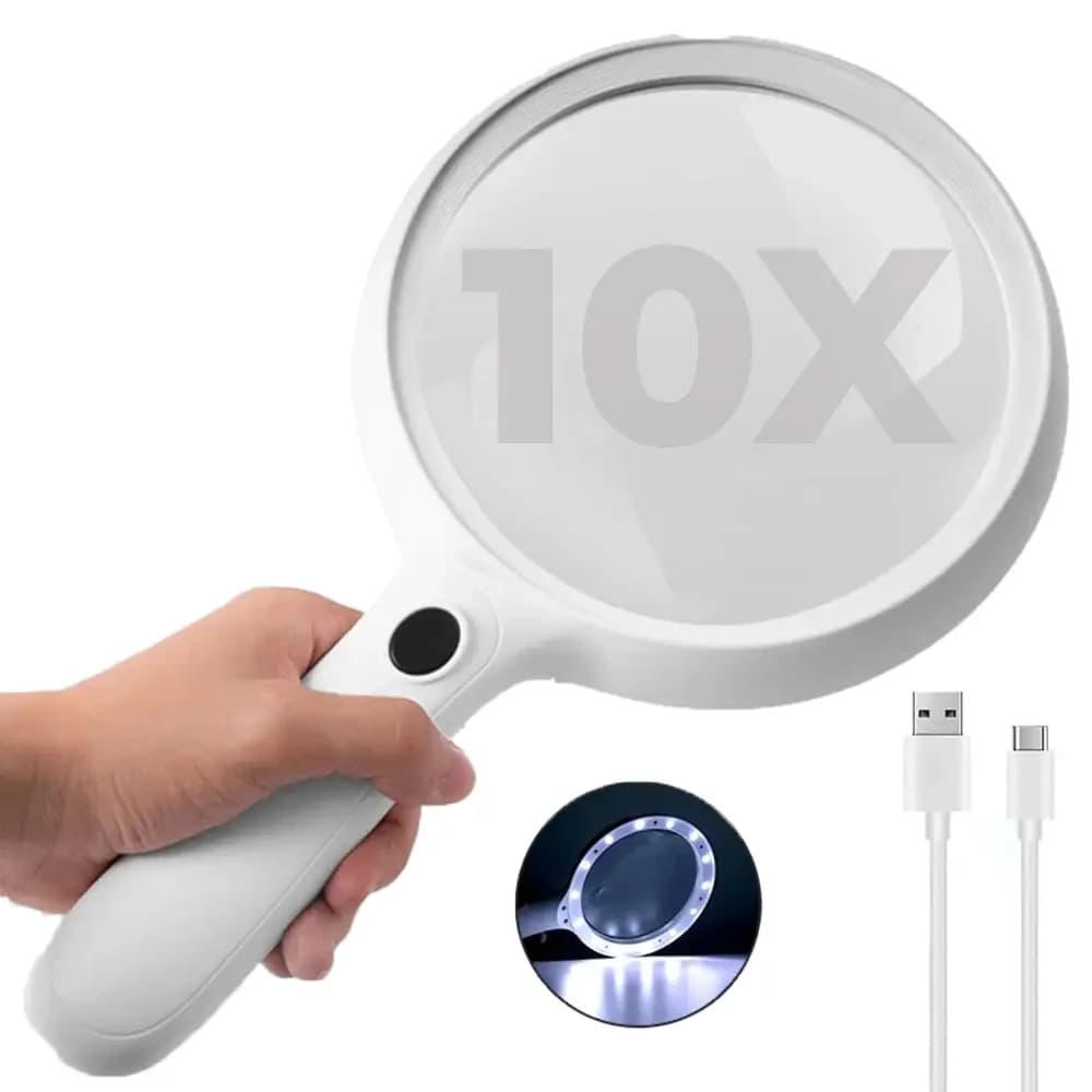 Lupa Mare Rotundă 10X-30X, LED 20, Sticlă, USB-C, 13 cm, Alb