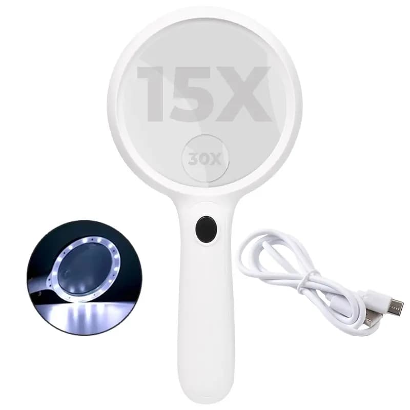 Lupă Mare Rotundă Marire 15X - 30X, LED, Sticlă, USB-C, 11 cm