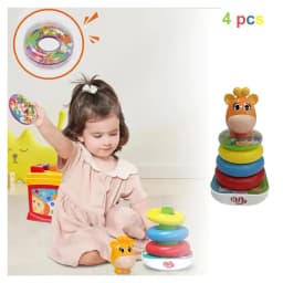 Fetiță se joacă cu jucărie bebeluși piramidă cu inele