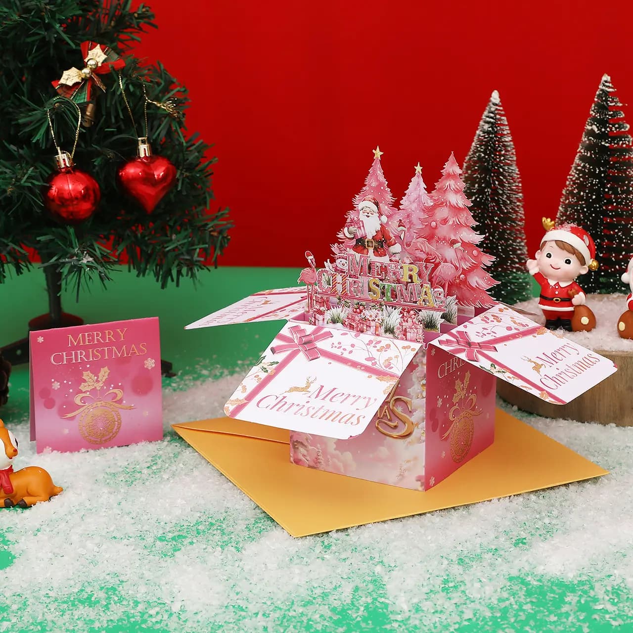 Felicitare Pop Up Craciun roz Miraza, Cutie 3D cu Brad, Roz Flamingo