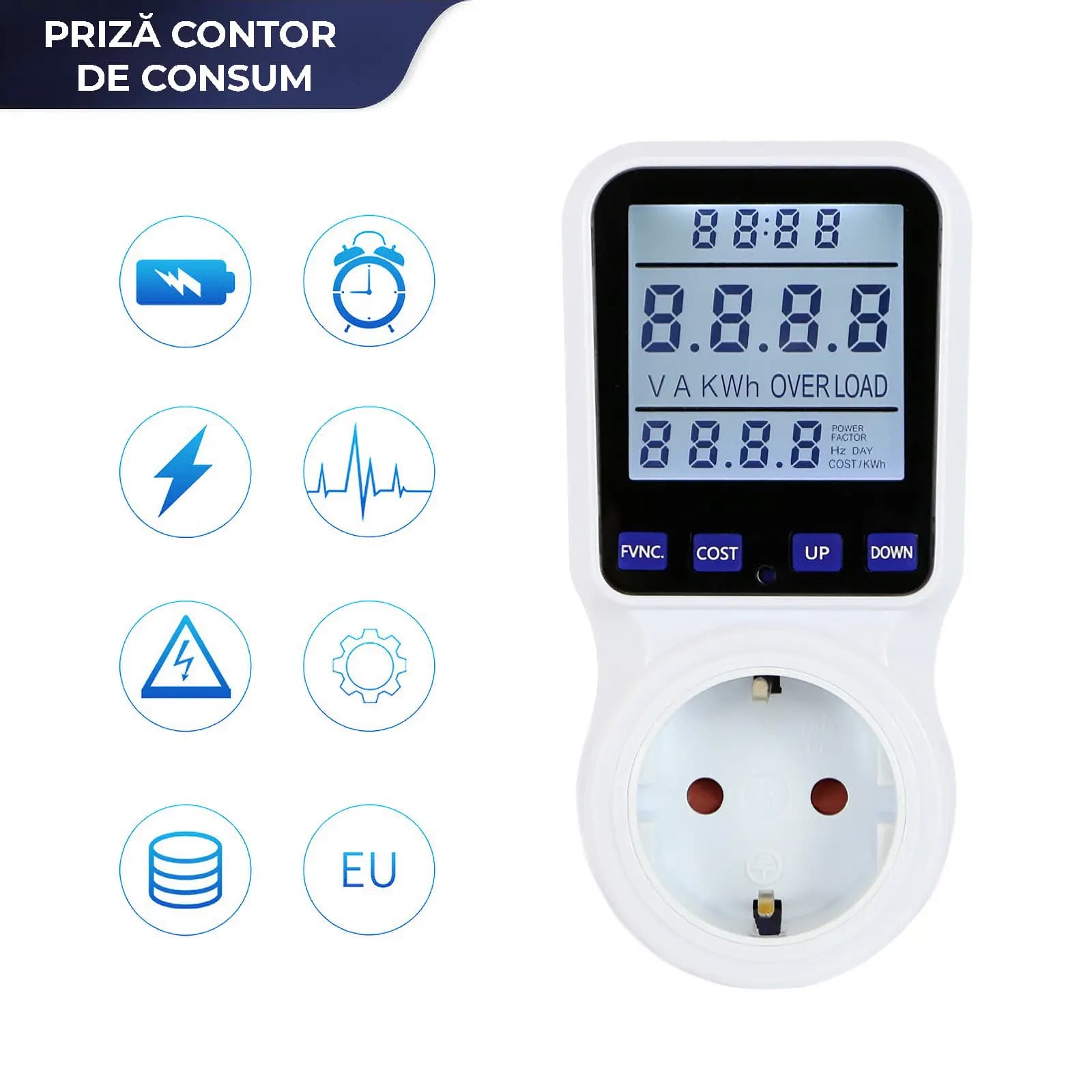 Priza cu Contor de Energie Miraza, LCD Iluminat, 230V, 16A, 3680W
