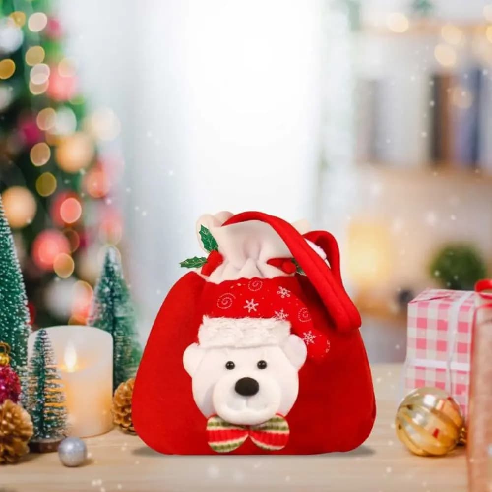 Saculet cadouri Craciun Miraza, Ursulet Polar din Bumbac, 20 x 24 cm, Rosu