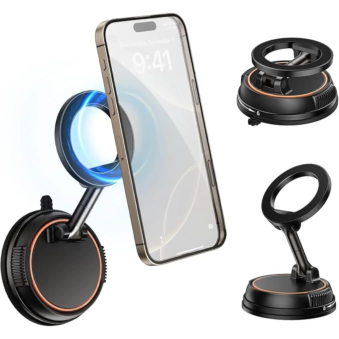 Suport auto magnetic telefon Miraza, compatibil MagSafe si universal, ventuza vacuum cu gel nano reutilizabil, cap 360° + brat 180°, pliabil, bord/parbriz